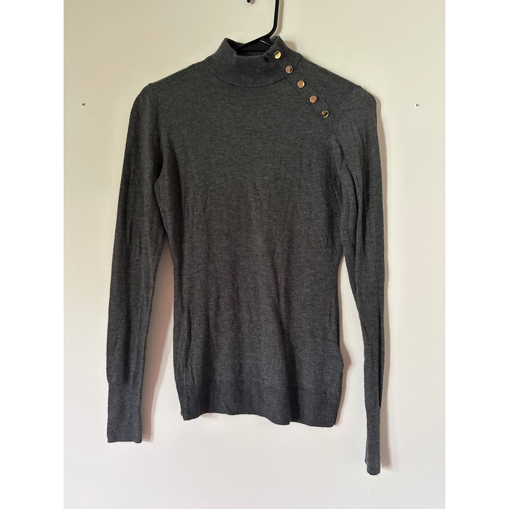 H&M Women's Gray Mock Neck Fine Knit Sweater XS Charcoal Gold Detail
